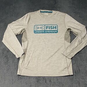 Under Armour Fish Shirt Mens M Gray Teal Long Sleeve Loose HeatGear Vented Sport